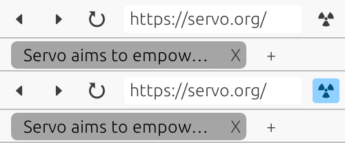 servoshell nightly showing the new experimental mode button (☢), which enables experimental web platform features