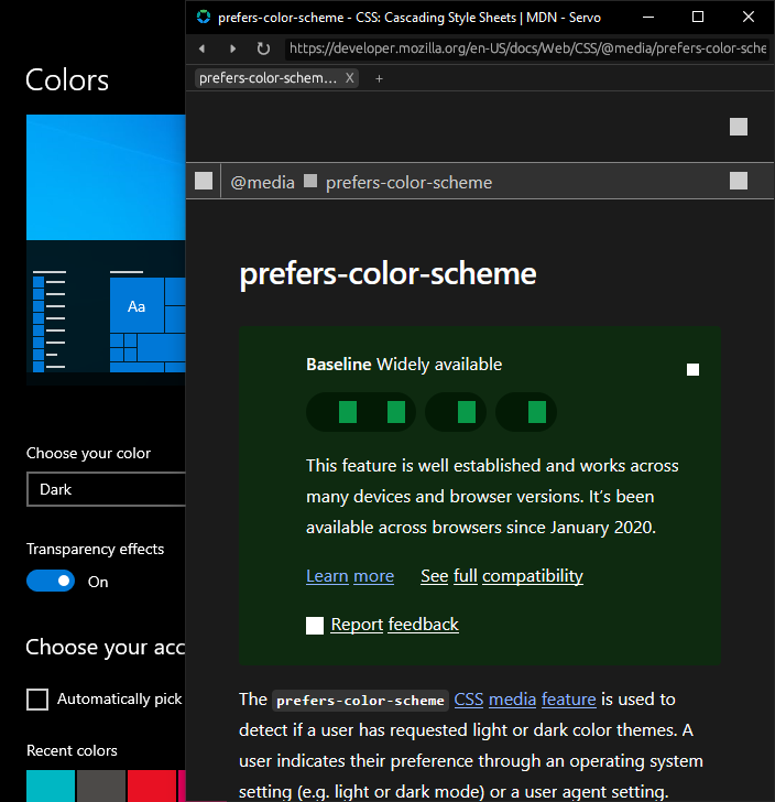servoshell in dark mode, rendering the MDN article for ‘prefers-color-scheme’ in dark mode, when Windows is set to dark mode