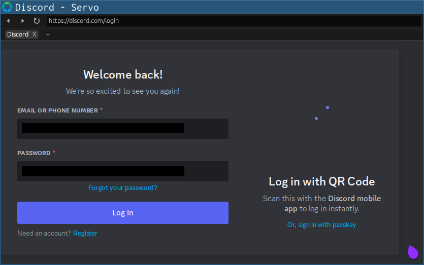Discord login screen in Servo, showing form input and a QR code that never finishes loading