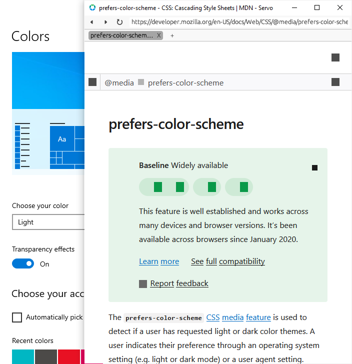 servoshell in light mode, rendering the MDN article for ‘prefers-color-scheme’ in light mode, when Windows is set to light mode