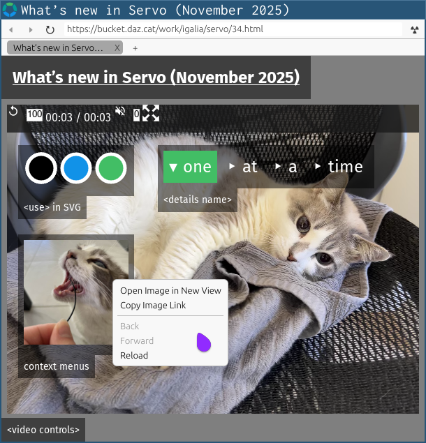 Servo 0.0.3 showing new support for <use> in SVG, <details name>, and
context menus