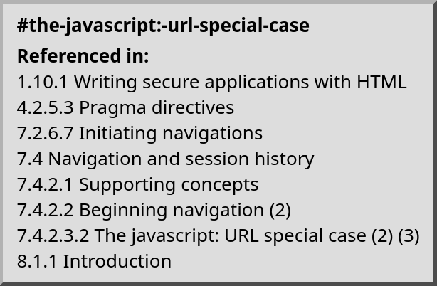 screenshot of the HTML specification, showing that “the javascript: URL special case” is referenced in eight other sections