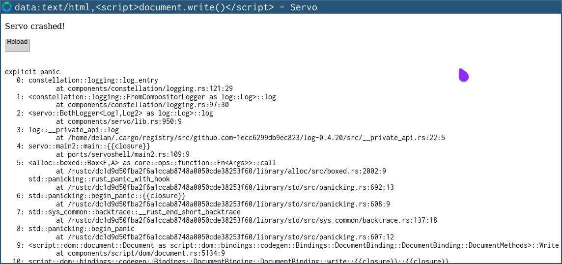 Servo’s new crash error page, showing a fake panic!() inserted at the start of Document::Write