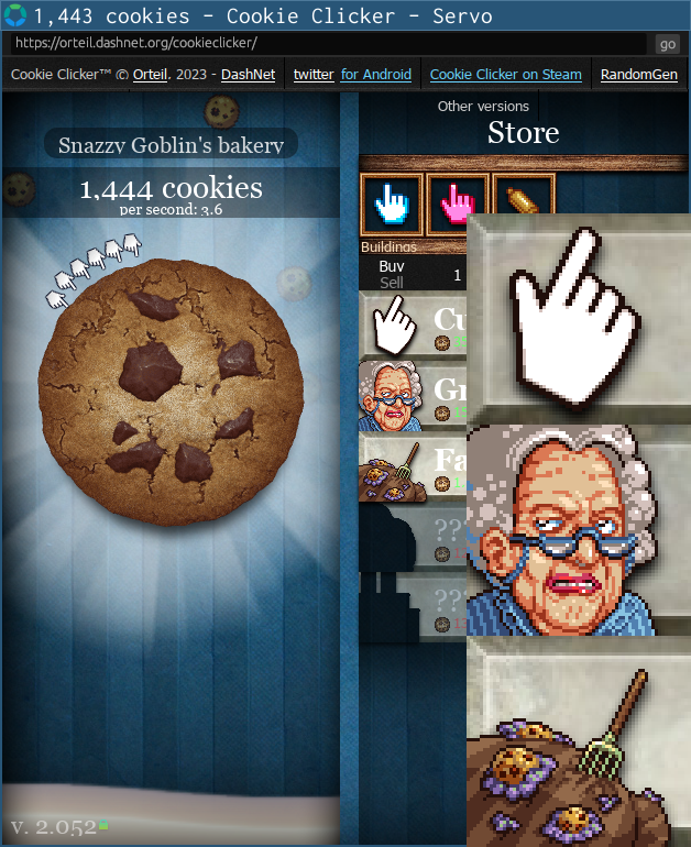 Cookie Clicker on Servo 2023-10-05, now with the drop-shadow() filter