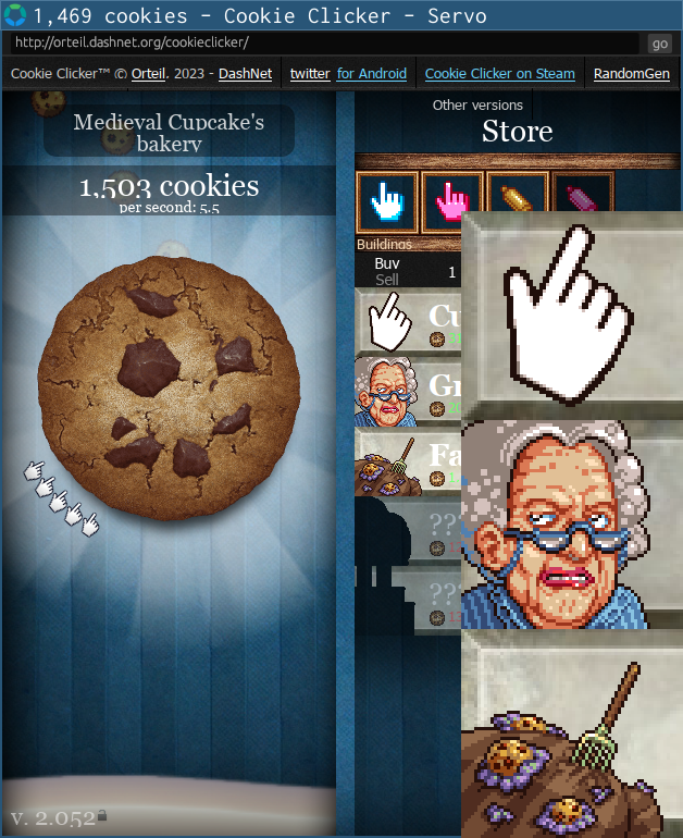 Cookie Clicker on Servo 2023-10-04, without the drop-shadow() filter