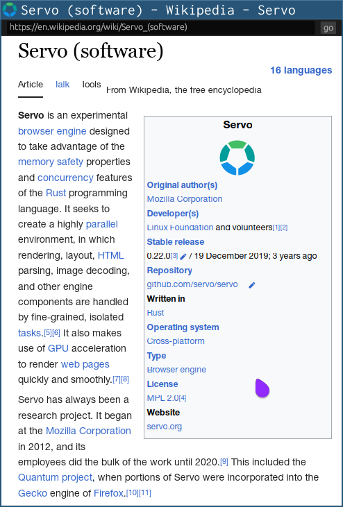 Wikipedia article for Servo, showing article text flowing around the floating infobox on the right