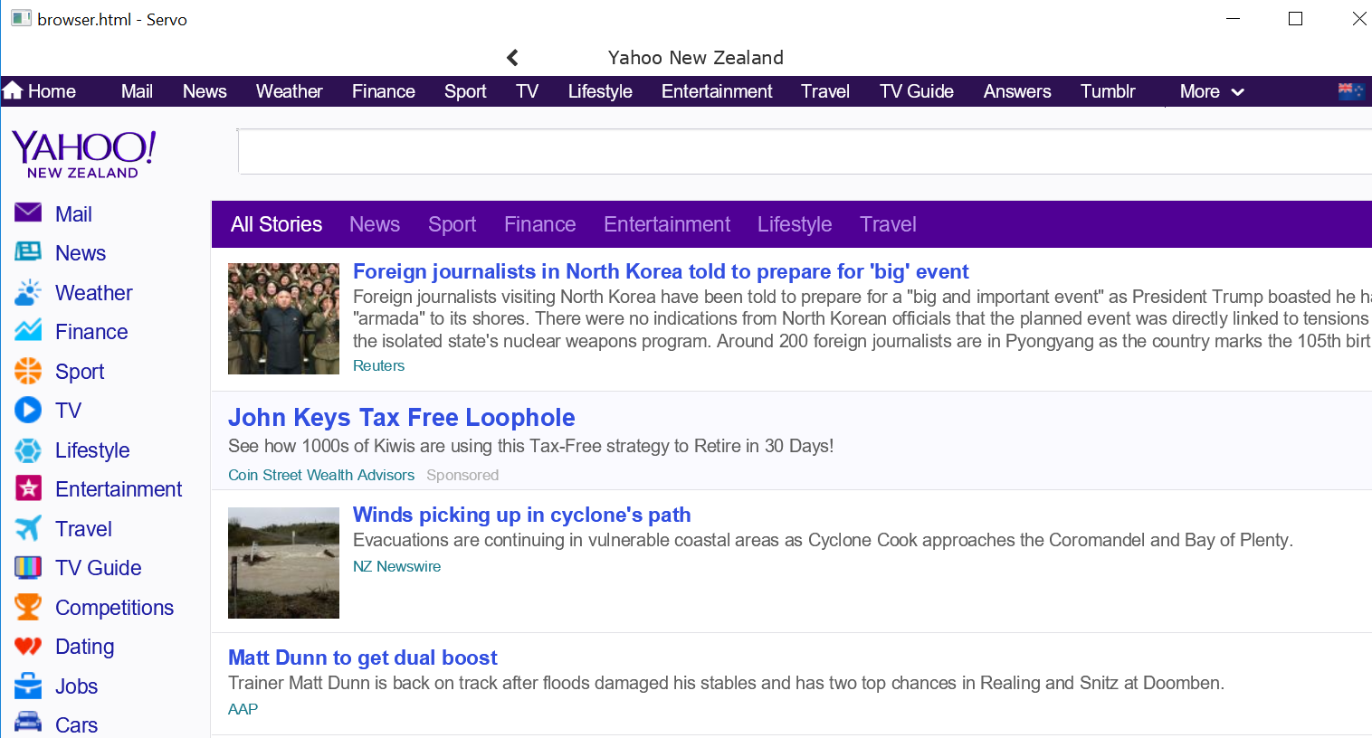Yahoo! New Zealand in Servo