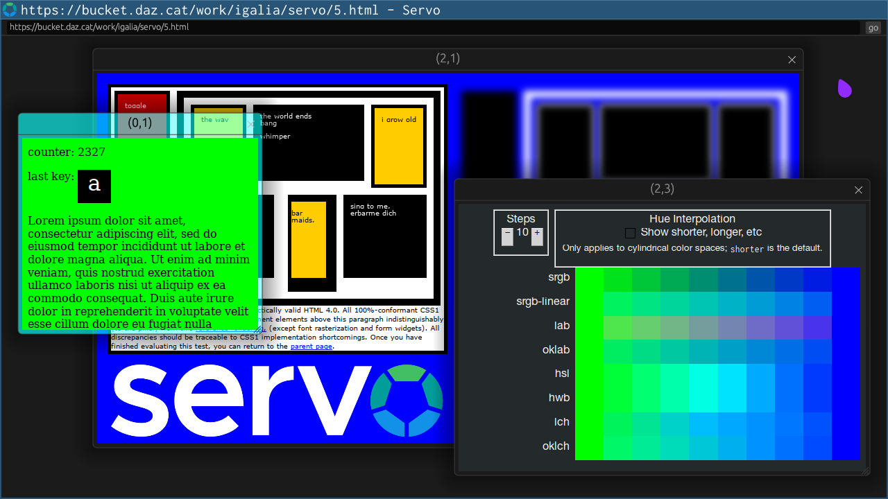servoshell with a multiple-document interface, showing three overlapping egui windows of different sizes inside a native window