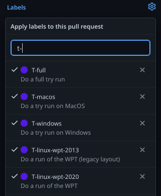 GitHub pull request label menu, with the new try job labels (T-full, T-linux-wpt-2013, T-linux-wpt-2020, T-macos, T-windows)