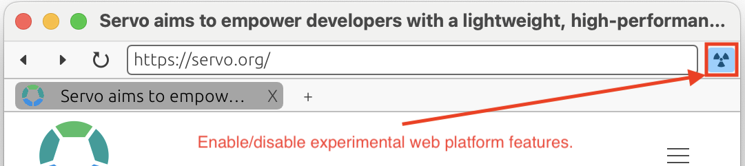 Screenshot of Servo's minibrowser highlighting the 'Enable/Disable experimental web platform features' button