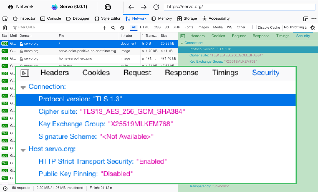 this website in Servo’s devtools, showing that the main request used TLS 1.3, TLS13_AES_256_GCM_SHA384 cipher suite, and X25519MLKEM768 key exchange, with HSTS enabled and HPKP disabled