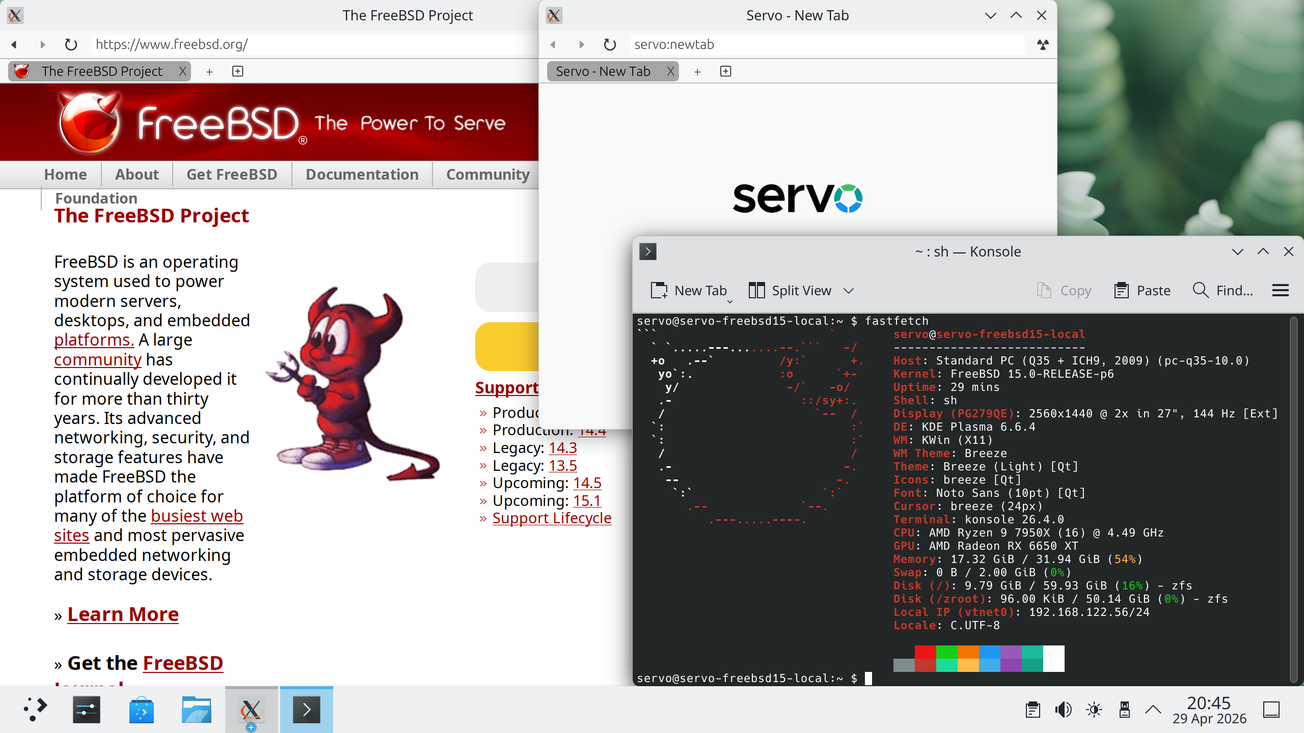 servoshell 0.1.0 showing the FreeBSD website and the Servo new tab page, alongside a terminal that ran fastfetch, showing that this is FreeBSD 15