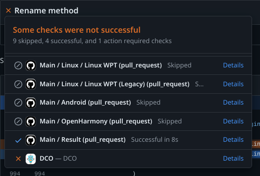 GitHub checks popup showing the “DCO” check failing and a link to “Details”