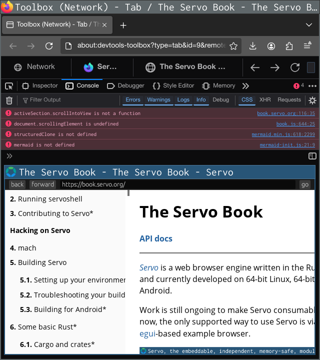 Firefox devtools connected to Servo, showing several console errors