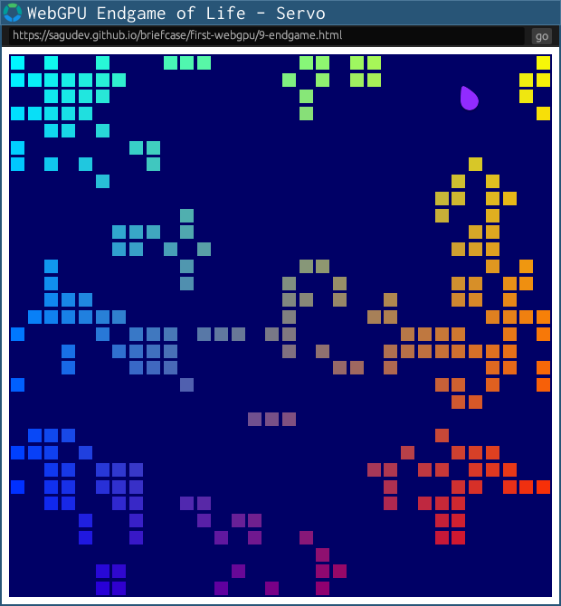 WebGPU game of life, showing a 32x32 grid where the living cells are shaded with a rainbow texture