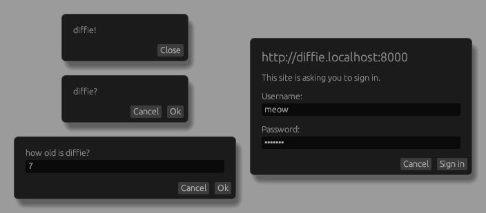 egui-based dialogs for alert(), confirm(), prompt(), and HTTP authentication