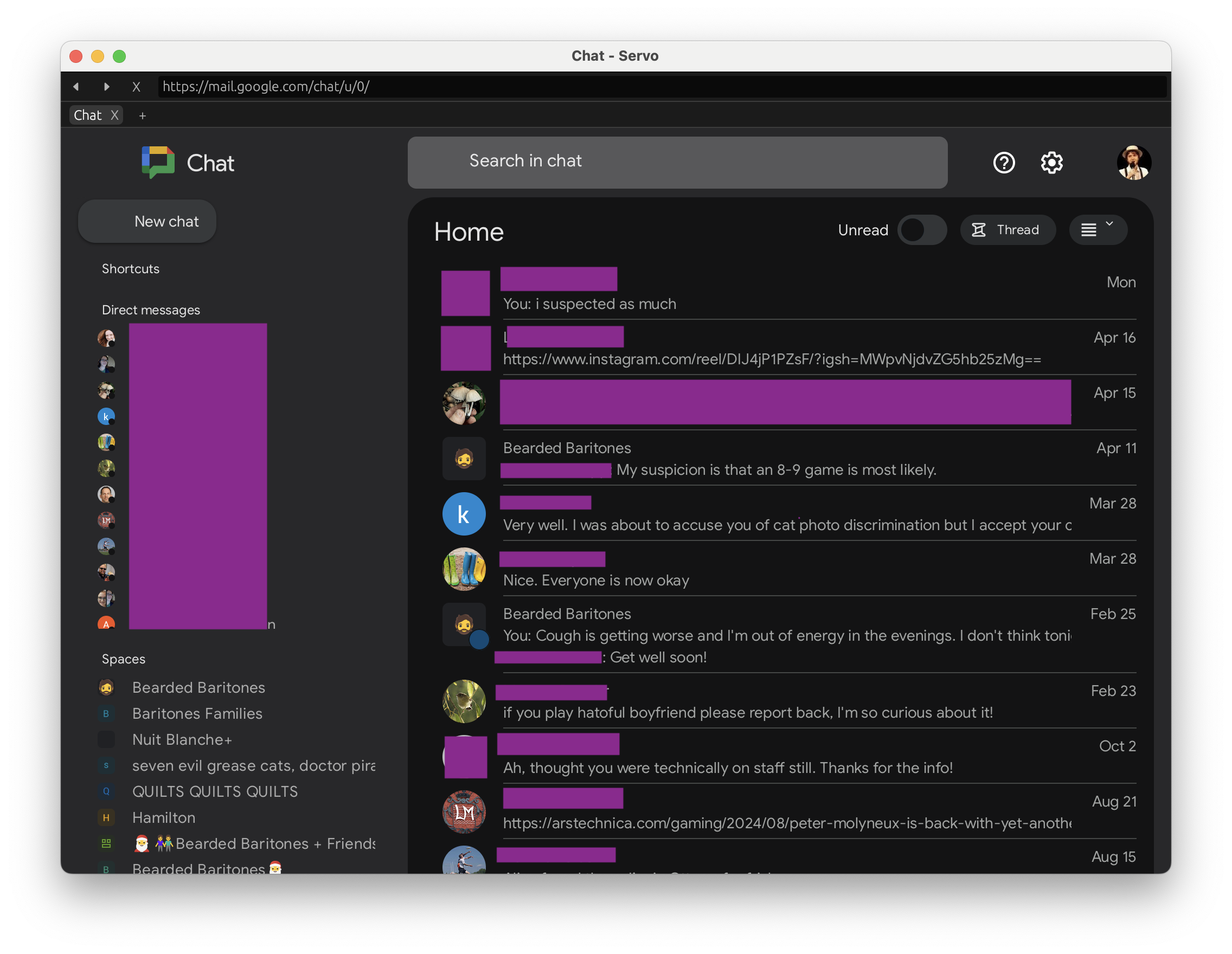 Google Chat rendering in Servo