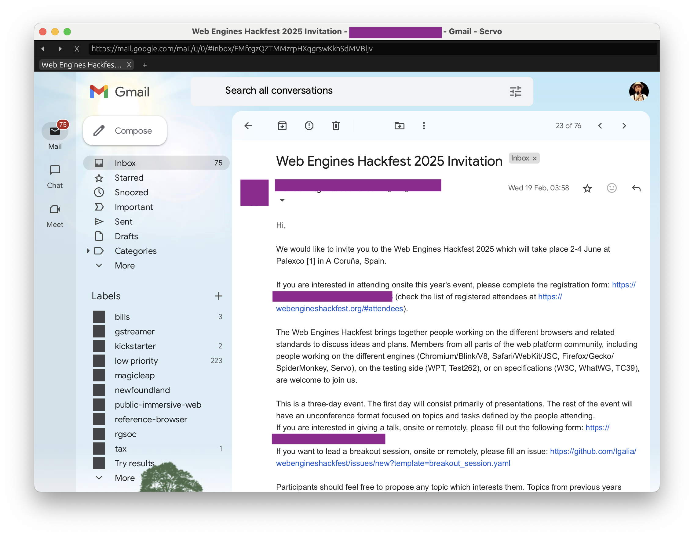 Gmail rendering in Servo