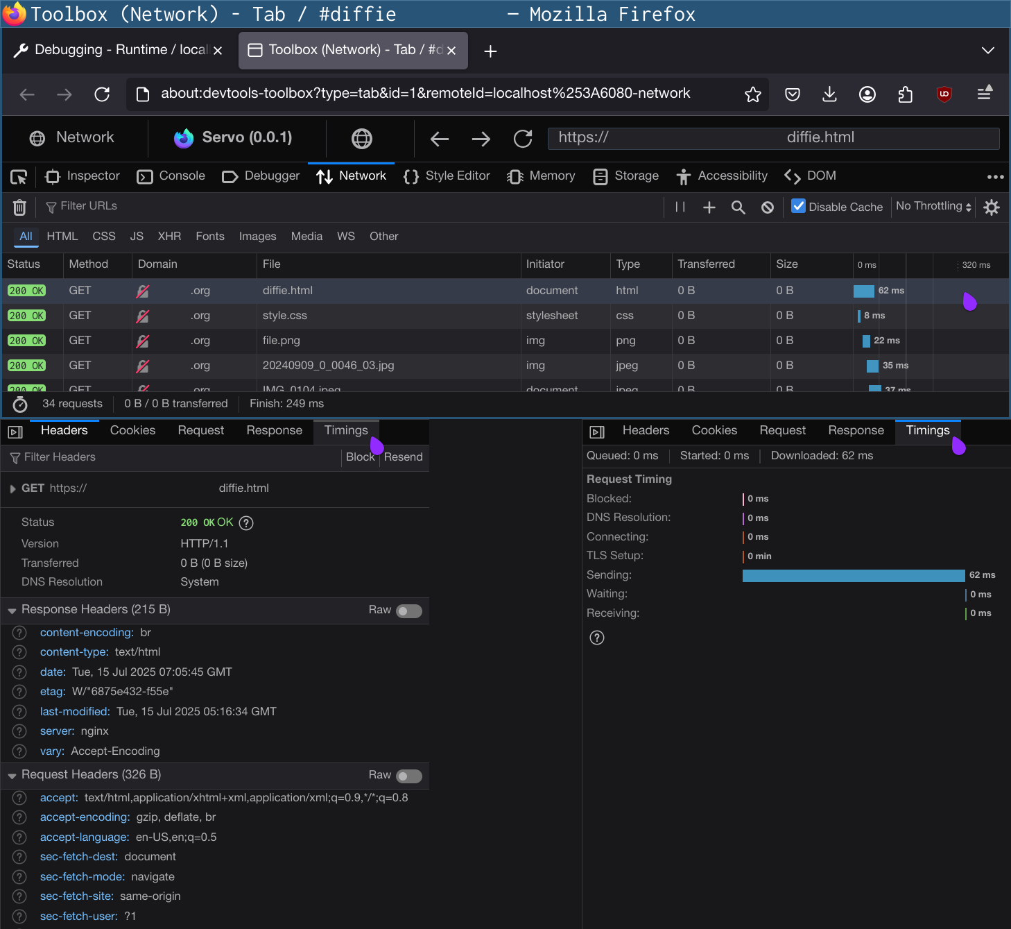 Network tab in the Servo devtools, showing a list of requests, the Headers panel with request and response headers for a request, and the Timings panel with the time each phase of that request took