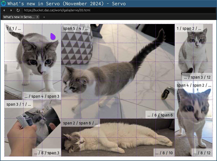 Servo nightly showing new support for CSS grid layout, when enabled via `layout.grid.enabled`