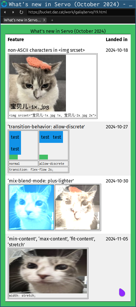 Servo nightly showing new support for non-ASCII characters in <img srcset>, ‘transition-behavior: allow-discrete’, ‘mix-blend-mode: plus-lighter’, and ‘width: stretch’