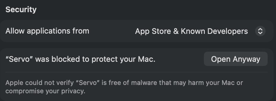 MacOS Security pane showing Servo was blocked